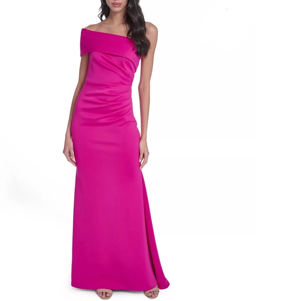 Eliza J One Shoulder Side Tuck Gown Bright Pink Size 14